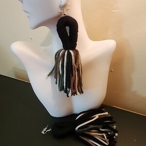 Handmade Black Tassel Drop Earrings with Green & Brown Accents